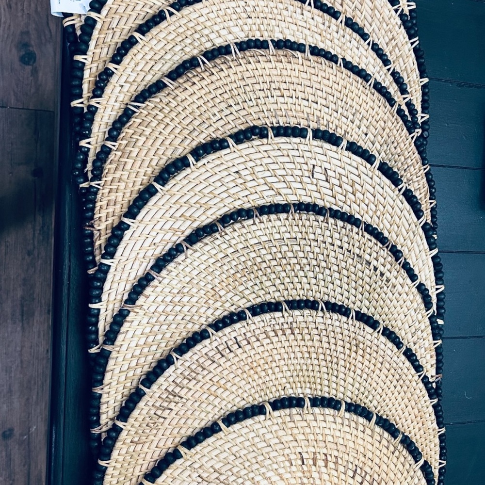 NWT! Pier 1  boho Handwoven Straw Placemats with Black beaded Accents! 8 total!